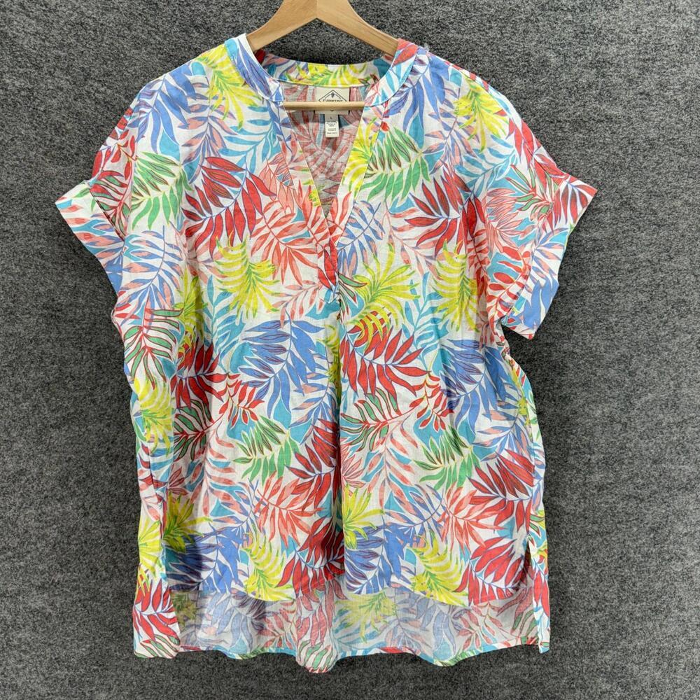 St. John's Bay Blouse Women L Large White Floral V-Neck Short Sleeve Linen
